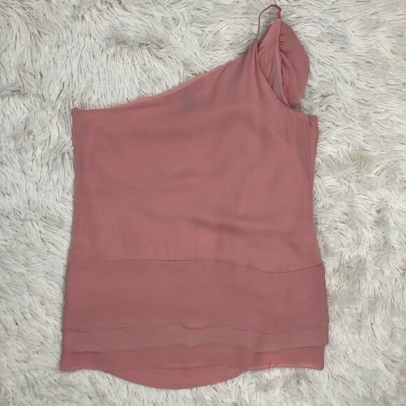 BCBGMaxAzria Blush Pink One Shoulder 100% Silk Ruffle Blouse Top XXS - Picture 7 of 11